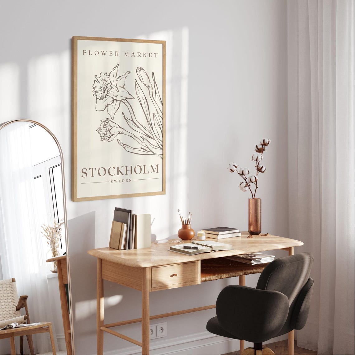 Stockholm Flower Market Print Luxury Minimalist Neutral Wall Art Daffodil Painting Sweden Botanical Print Sweden Travel Poster Wall Art - Image 3