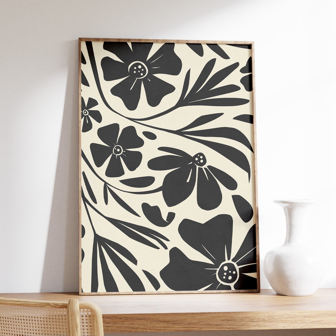 Bold Black Botanical Black Flowers On Cream Floral Wall Poster