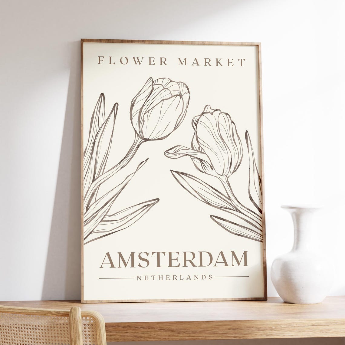 Flower Market Amsterdam Netherlands Tulip Line Art Travel Poster