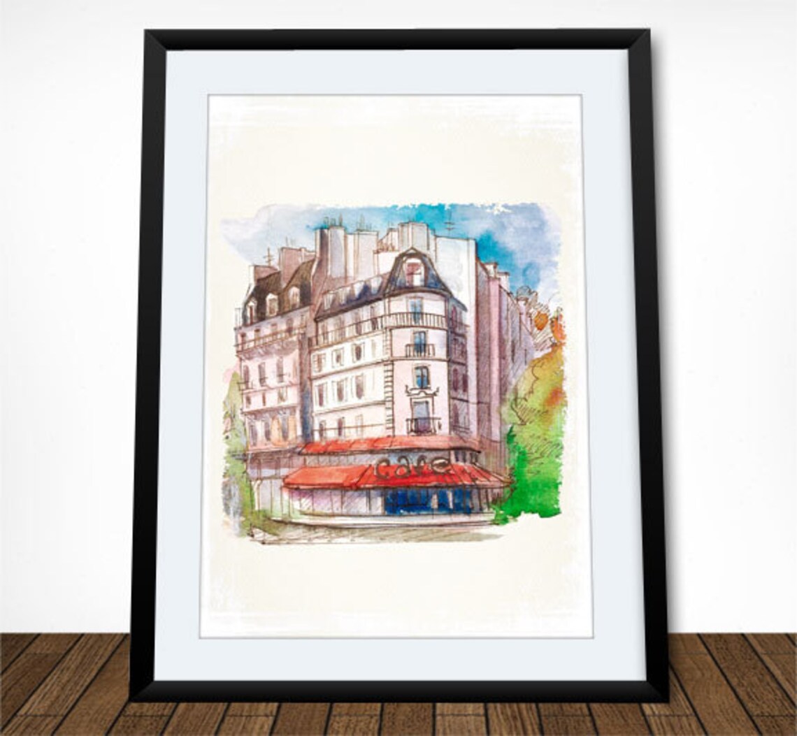 Paris Cafe Watercolor Corner Bistro Red Awning French Art Poster - Image 2