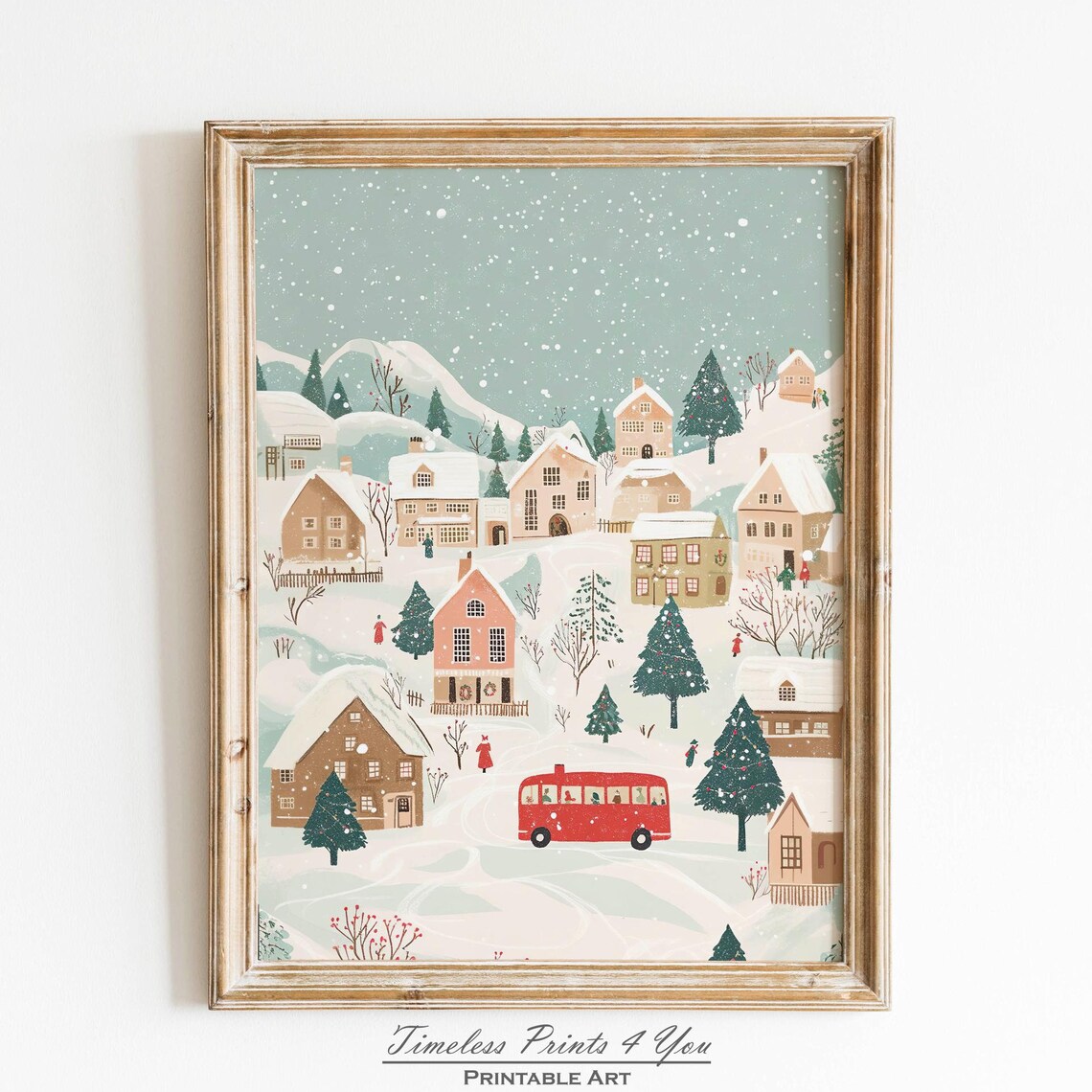 Christmas Village Winter Painting Art Print, Town Scene