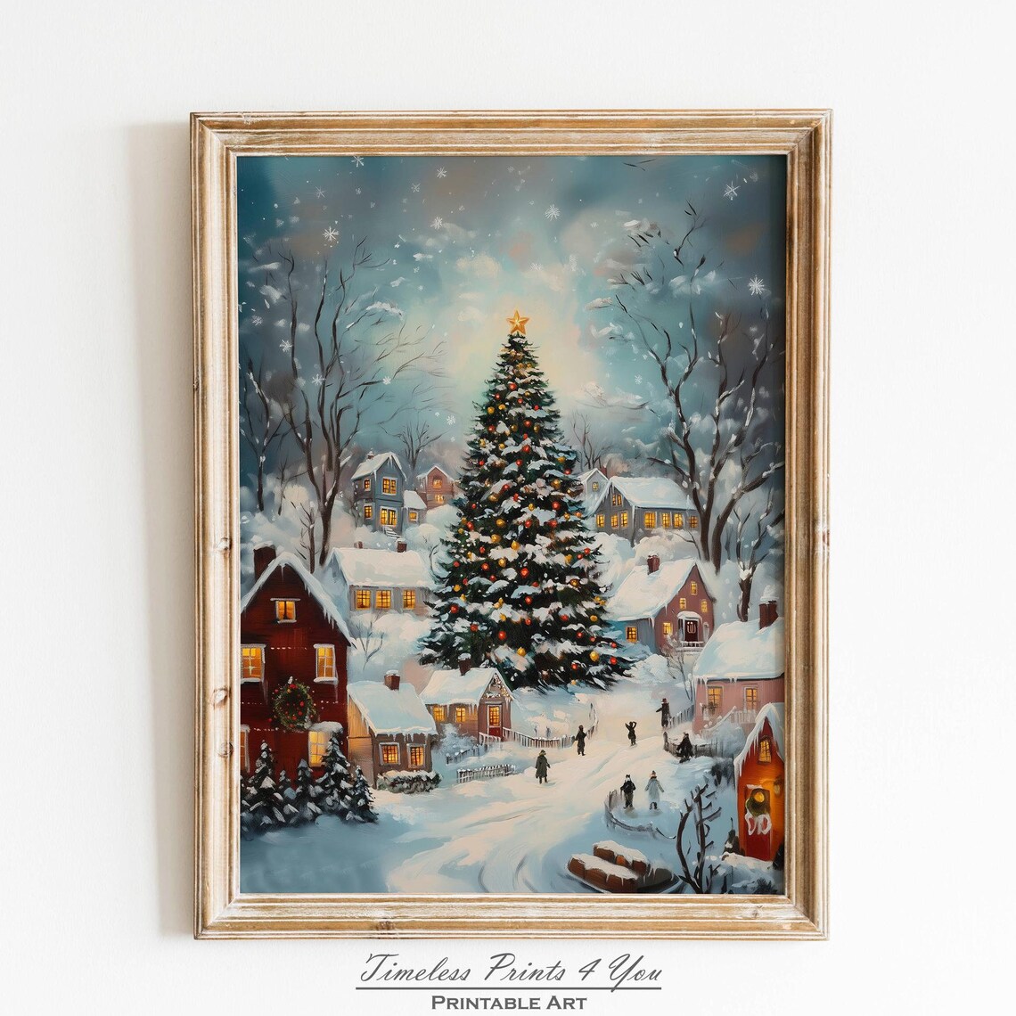 Snowy Christmas Village Night Scene Decorated Tree Painting Poster