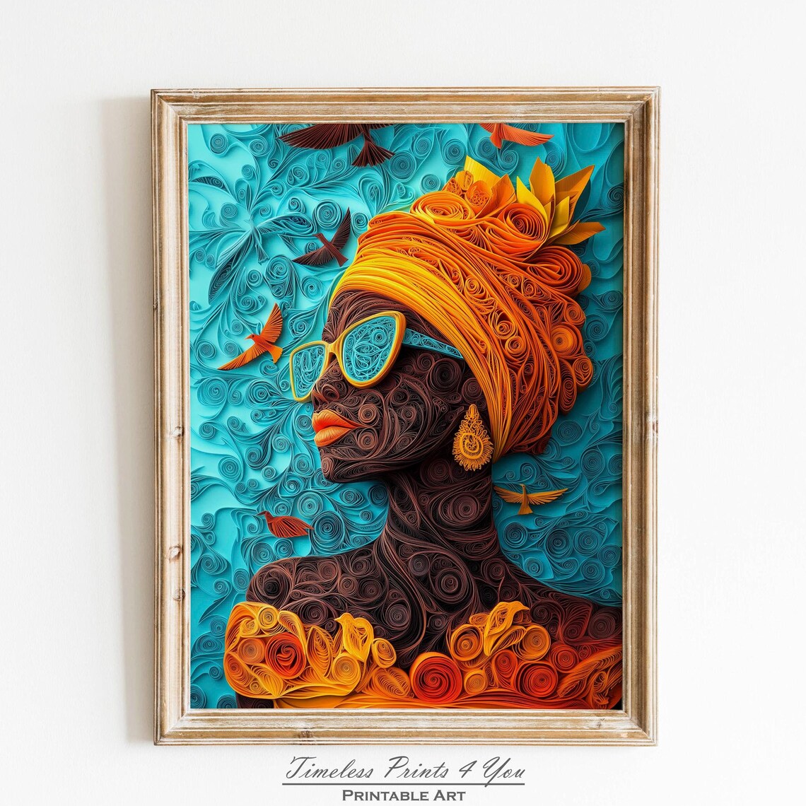 African Queen Paper Quilling Style Portrait Turquoise Art Poster