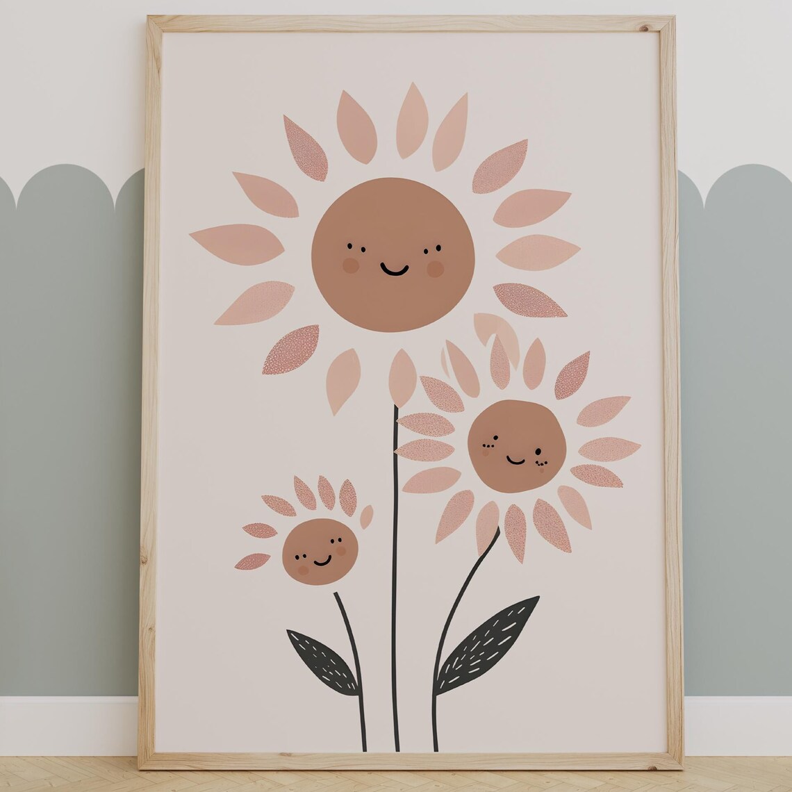 Smiling Pink Sunflowers Happy Floral Kids Nursery Wall Decor Poster