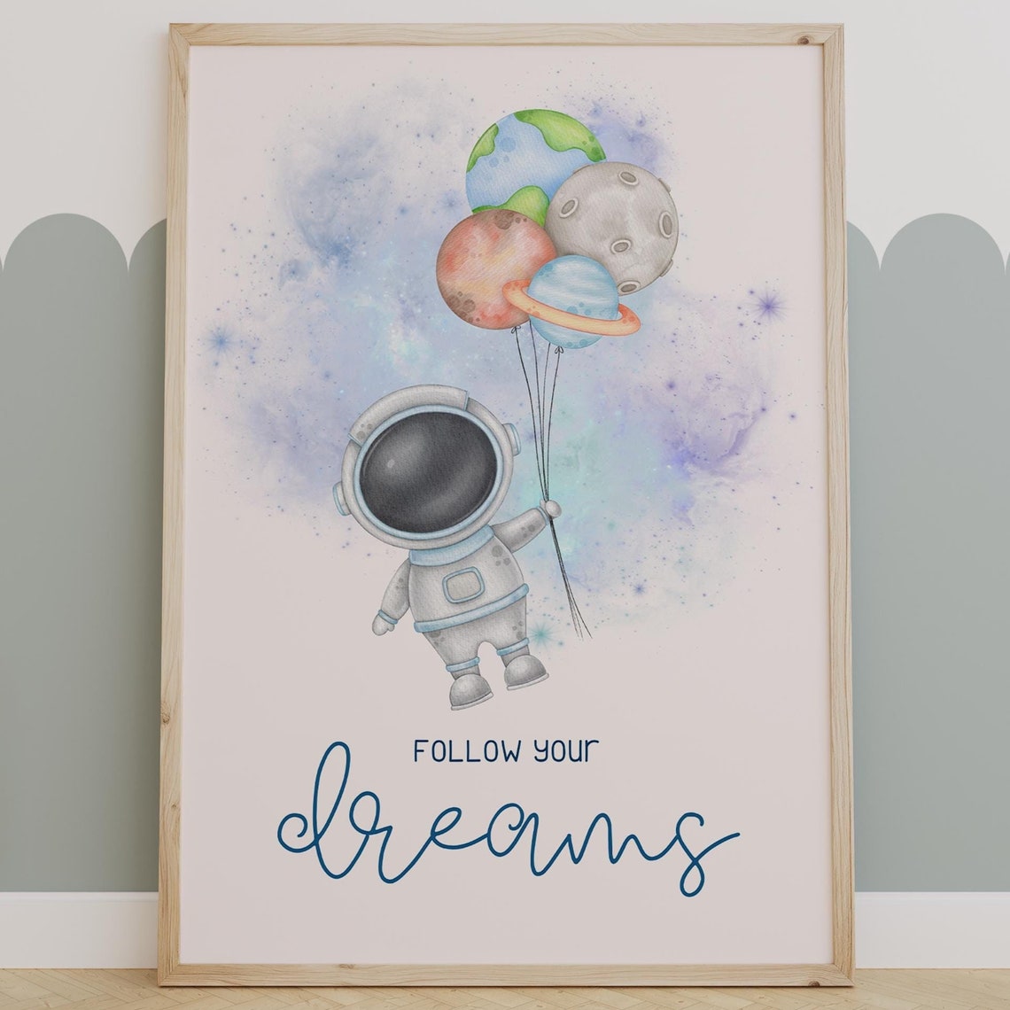 Cute Astronaut Holding Planet Balloons Follow Your Dreams Poster