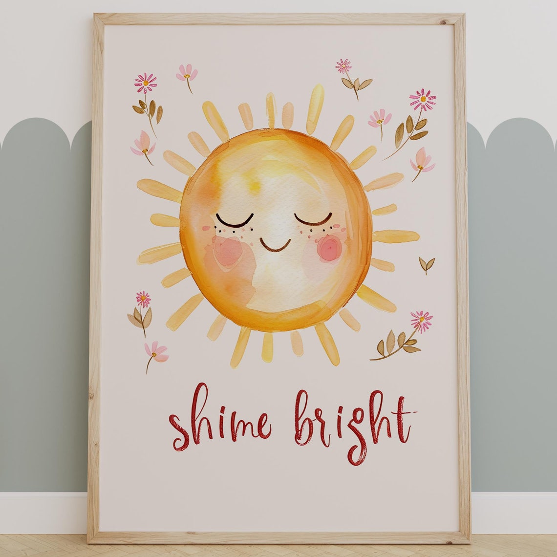 Shine Bright Smiling Sun Cheerful Watercolor Whimsical Kids Poster