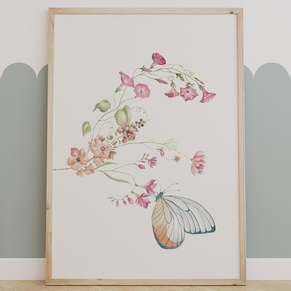 Delicate Watercolor Floral And Butterfly Wall Art Pastel Botanical Print Nature Inspired Home Decor