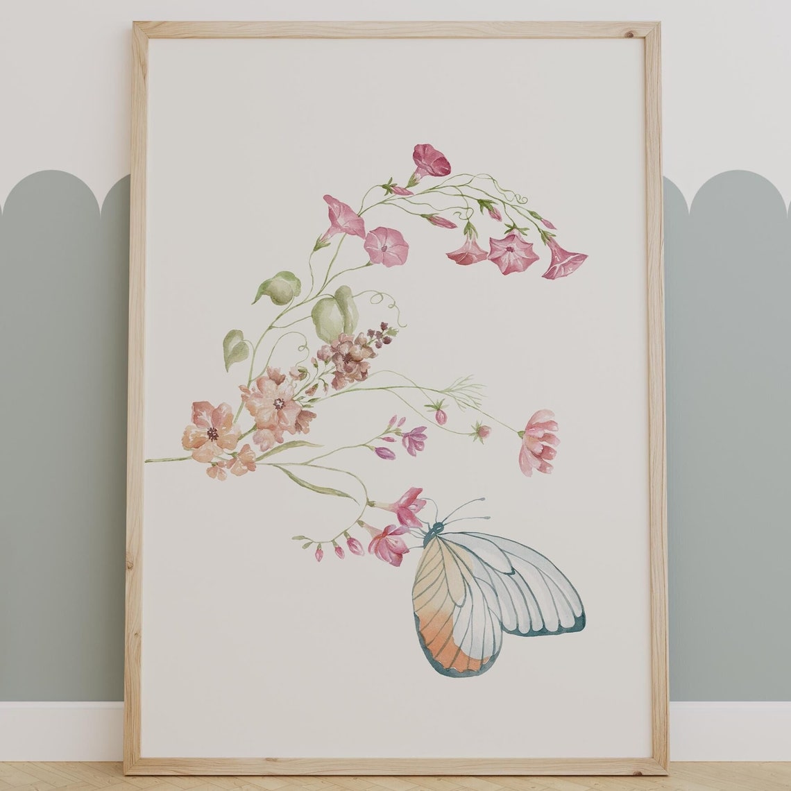 Delicate Wildflowers With Butterfly Watercolor Botanical Wall Poster