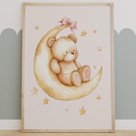 Teddy Bear Sleeping On Crescent Moon Pink Bow Nursery Wall Poster