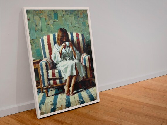 Cozy Morning Coffee Art Woman In Robe Painting Print Interior Scene Wall Art For Bedroom Or Lounge