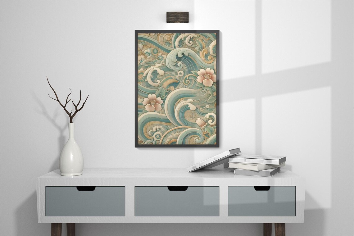 Floral Ocean Wave, Japanese Inspired Line Art
