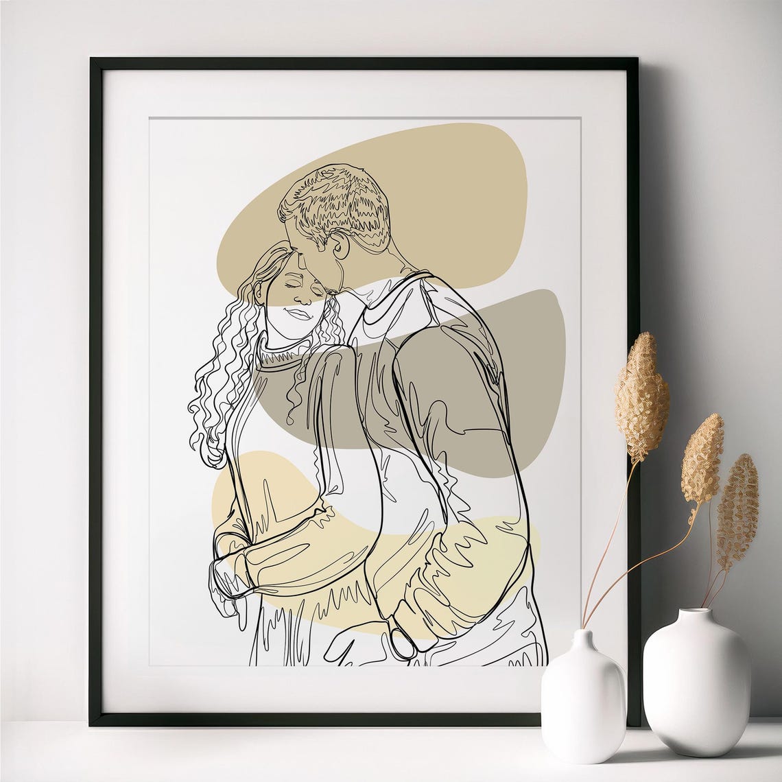 Beach Embrace Couple Line Drawing with Modern Color Blocks Poster - Image 3