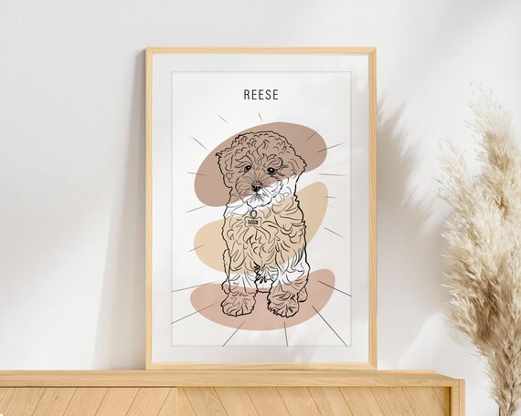 Reese Curly Puppy Line Art Cute Pet Portrait Illustration Poster