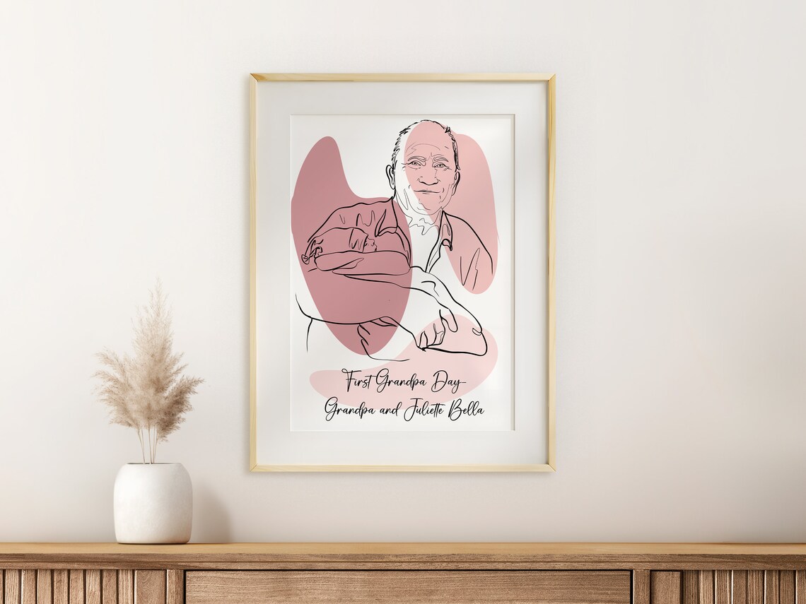 First Grandpa Day Proud Grandpa and Baby Line Art Portrait Poster