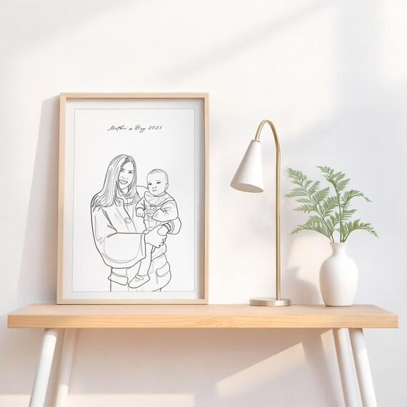 Mothers Day 2025 Line Drawing Portrait of Mom and Baby Poster