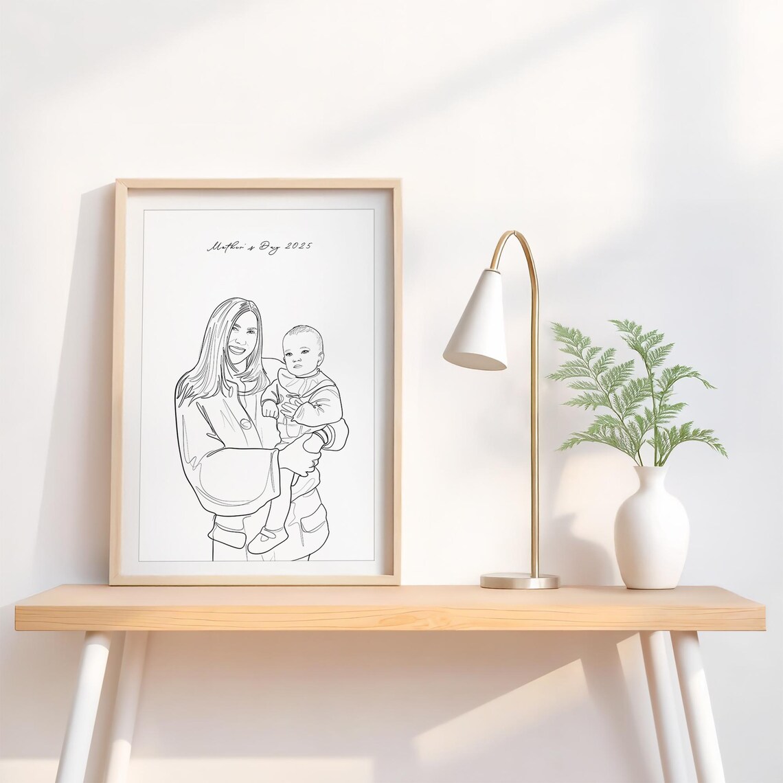 Mothers Day 2025 Line Drawing Portrait of Mom and Baby Poster