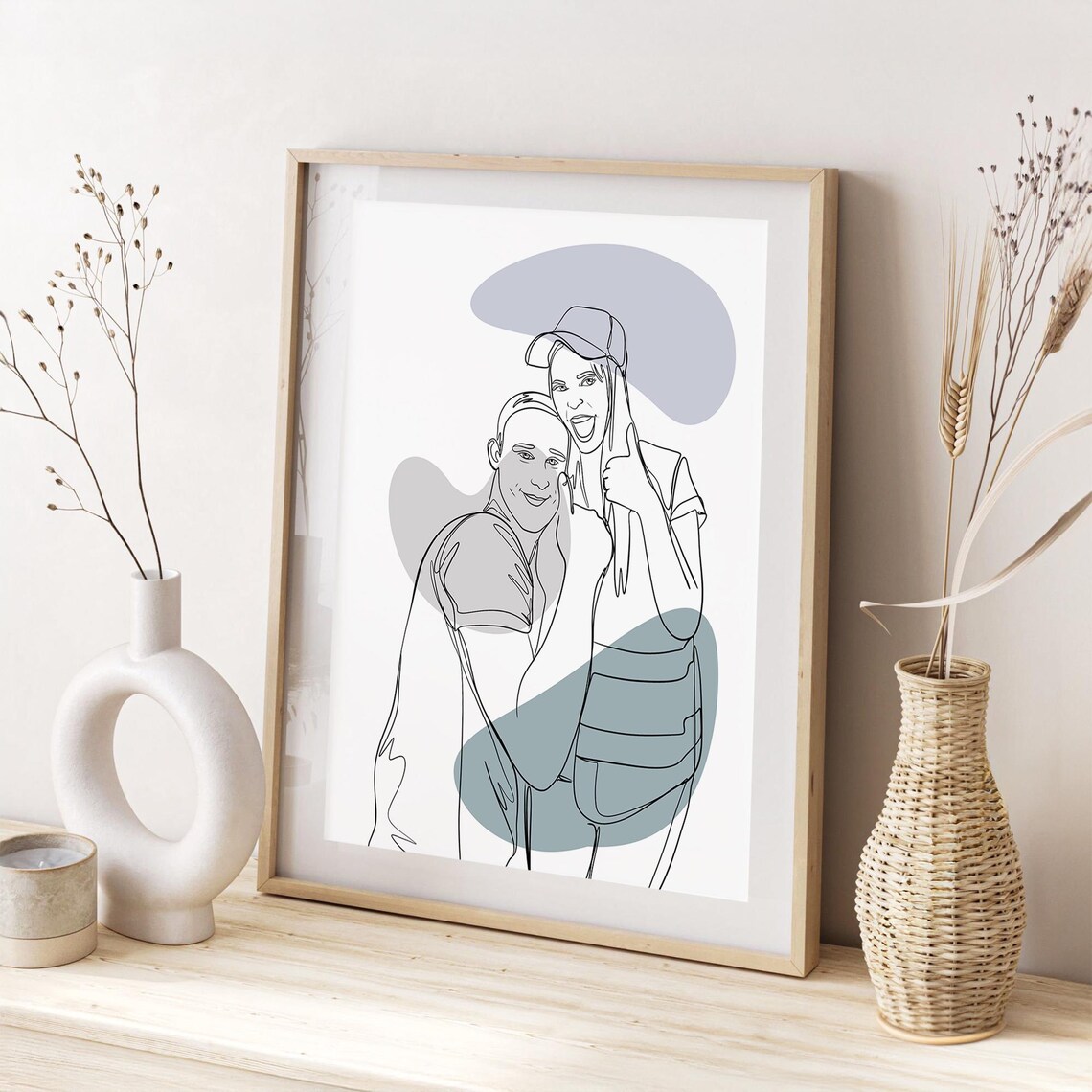 Western Couple in Cowboy Hats With Dog Custom Line Art Portrait Poster - Image 2