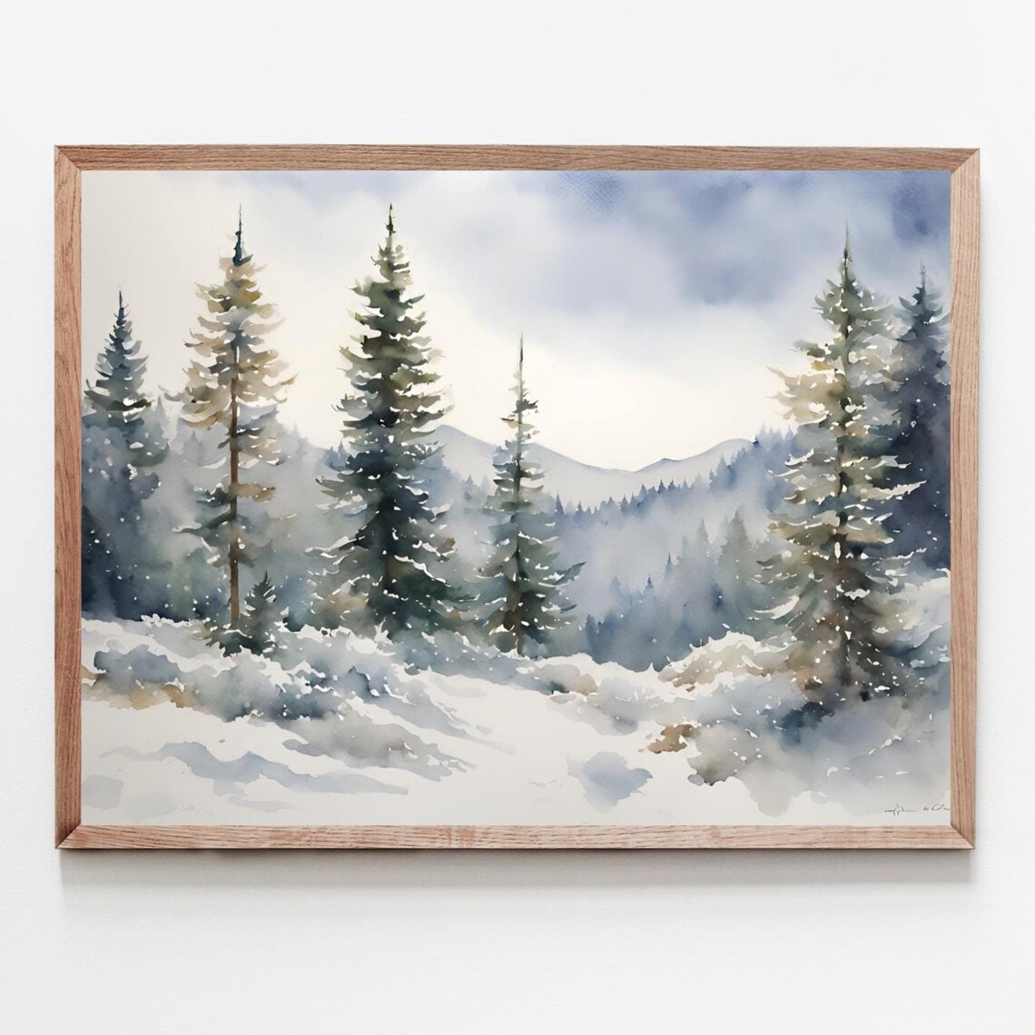 Snowy Pine Trees Winter Mountain Watercolor Landscape Art Poster