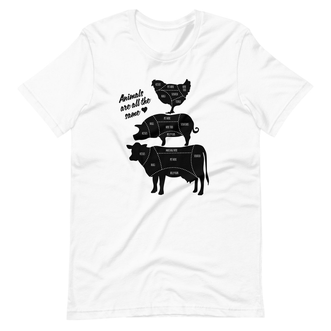 Animals Are All the Same Vegan Butcher Chart Graphic Print Tee Mockup - Image 4