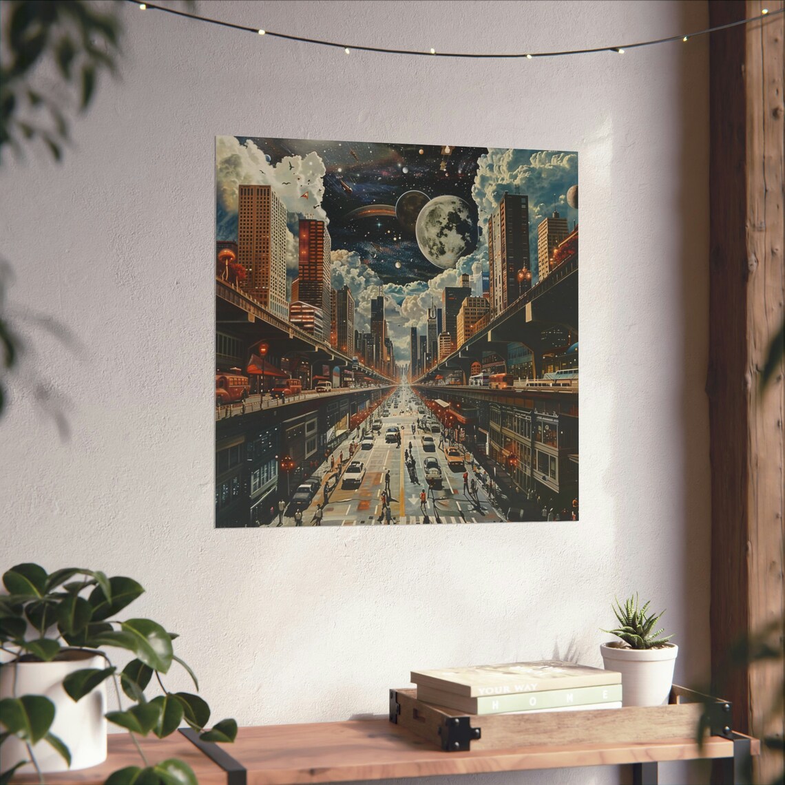 Futuristic City Travel Poster, Moon In The Sky
