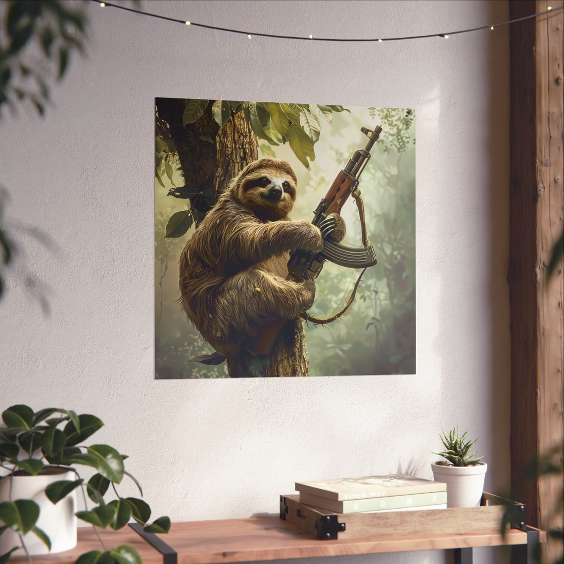 Army Sloth Poster, Funny Tree Hanging Sloth