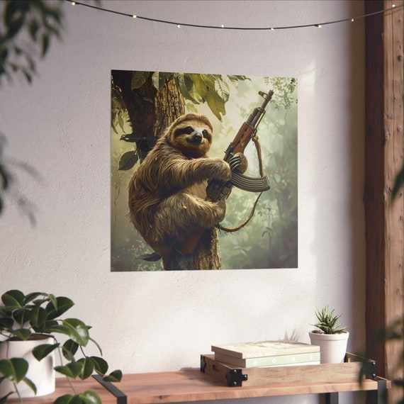 Army Sloth Poster, Funny Tree Hanging Sloth