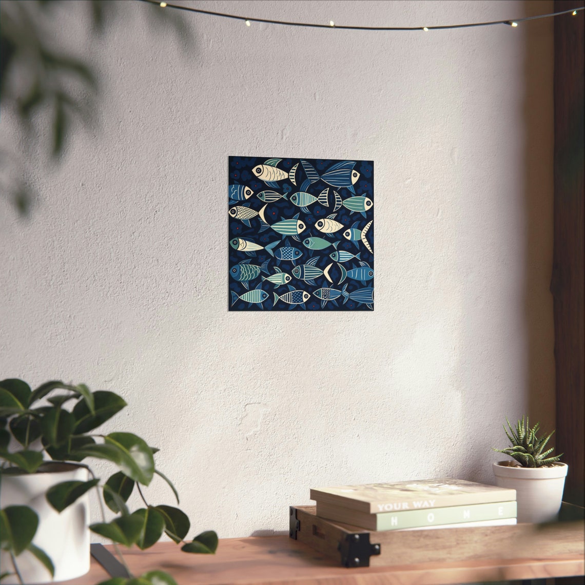 Blue Fish Pattern Poster, Monochromatic Abstract - Image 2