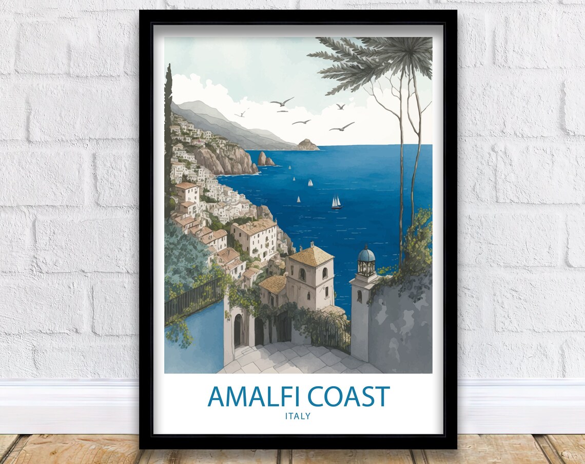 Amalfi Coast Italy Cliff Village Harbor Bell Tower Travel Poster