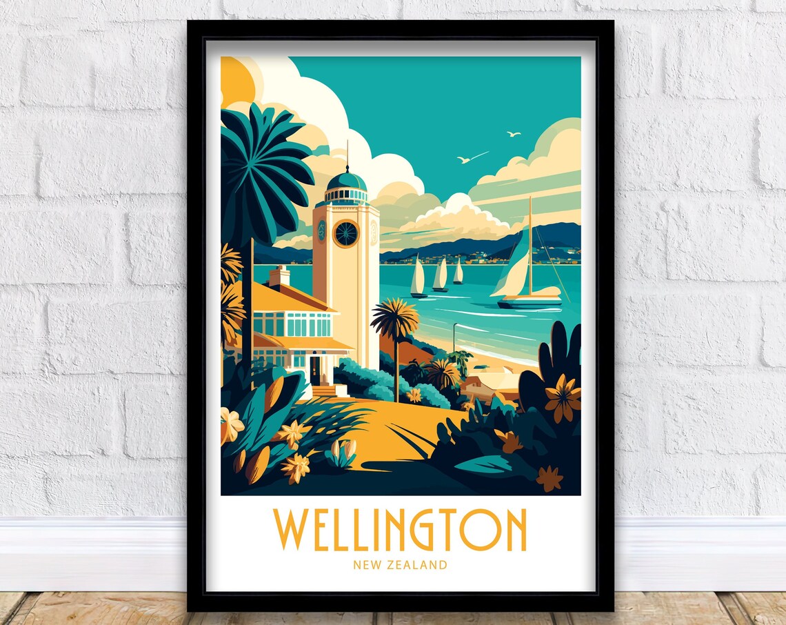 Wellington New Zealand Clock Tower Harbor Sailboats Vintage Poster