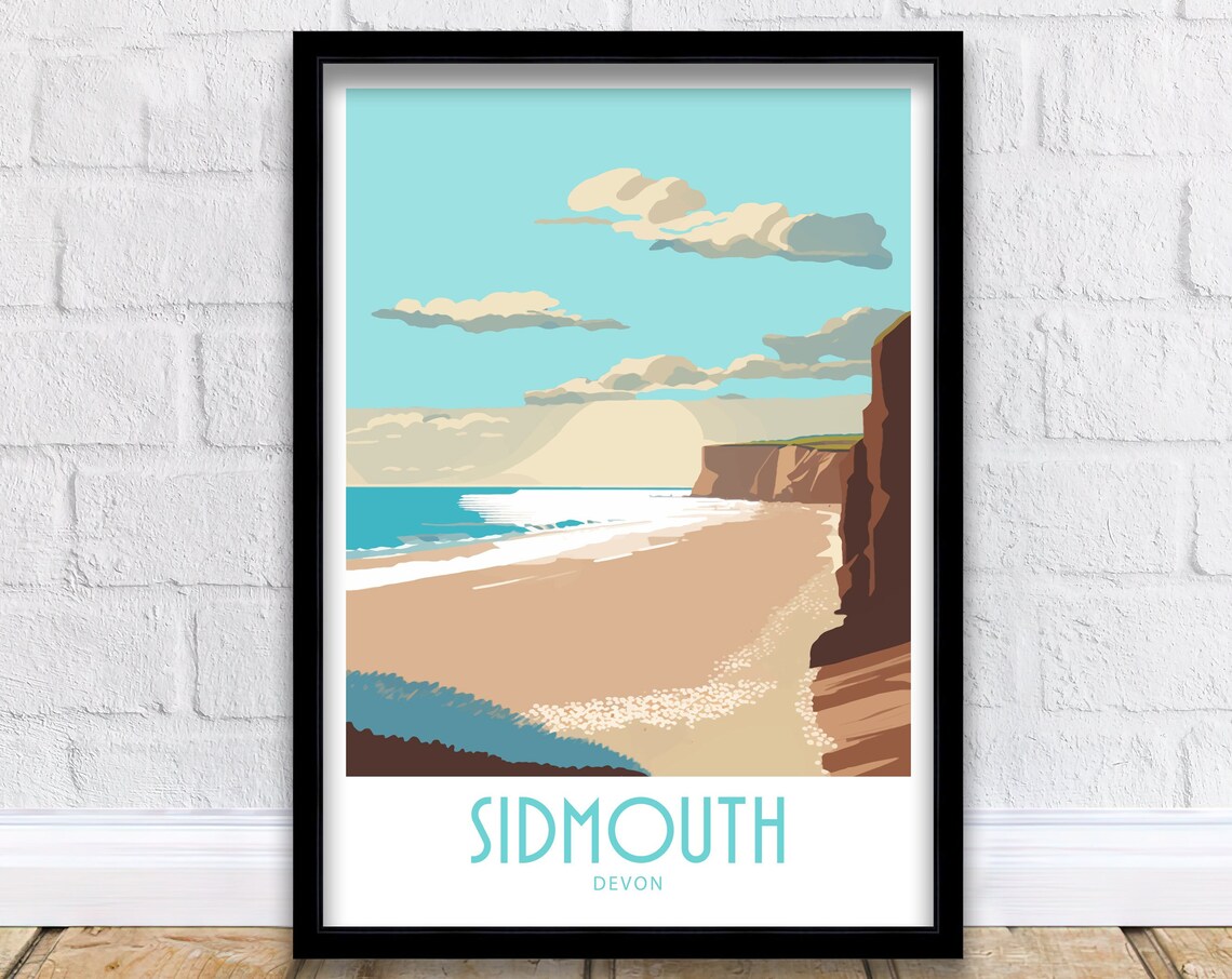 Sidmouth Devon Red Cliffs Golden Beach Sunset Retro Travel Poster