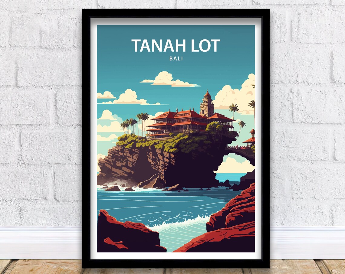 Tanah Lot Bali Sea Temple On Rocky Cliff Waves Vintage Travel Poster
