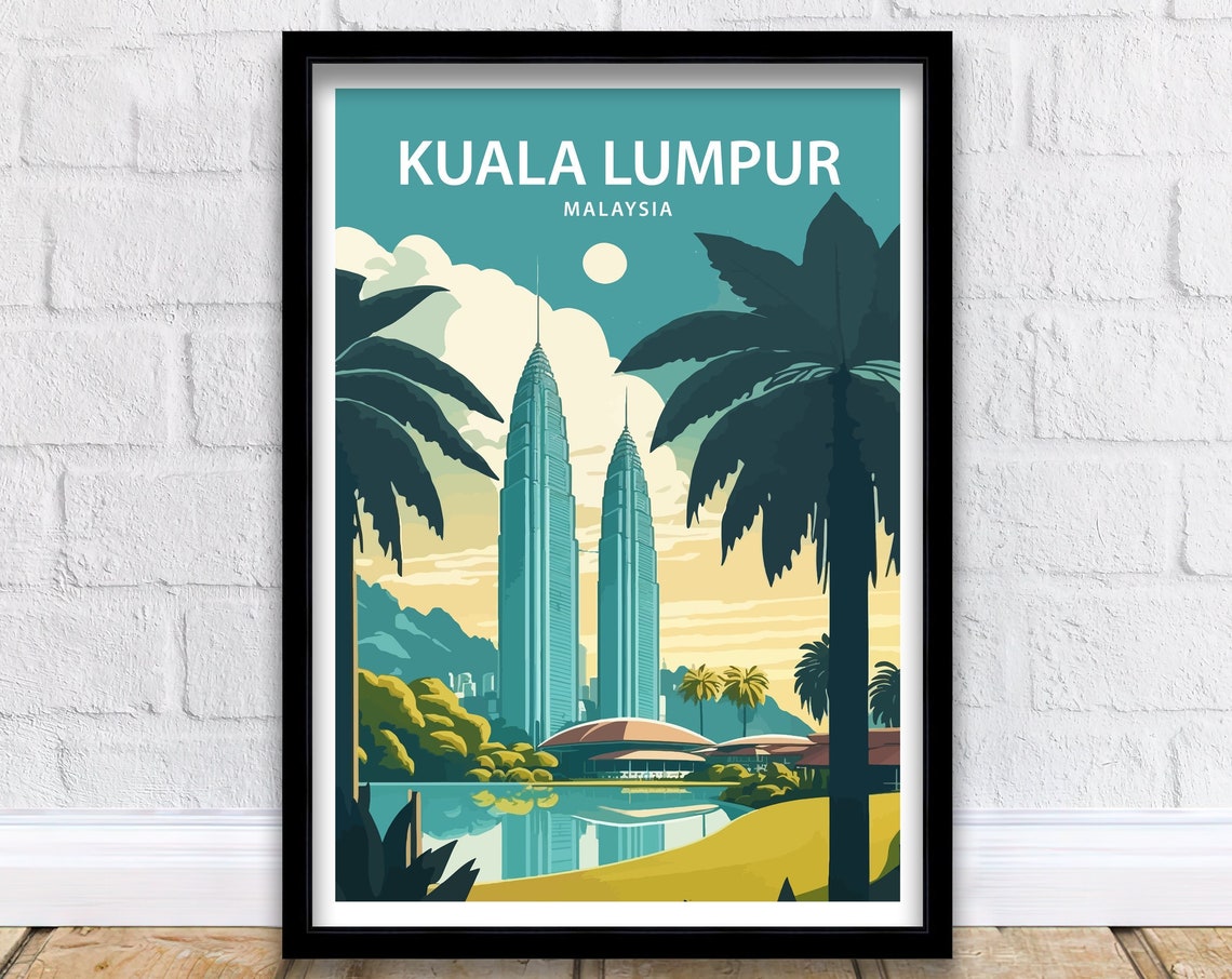 Kuala Lumpur Malaysia Twin Towers Palms And Moon Retro Travel Poster