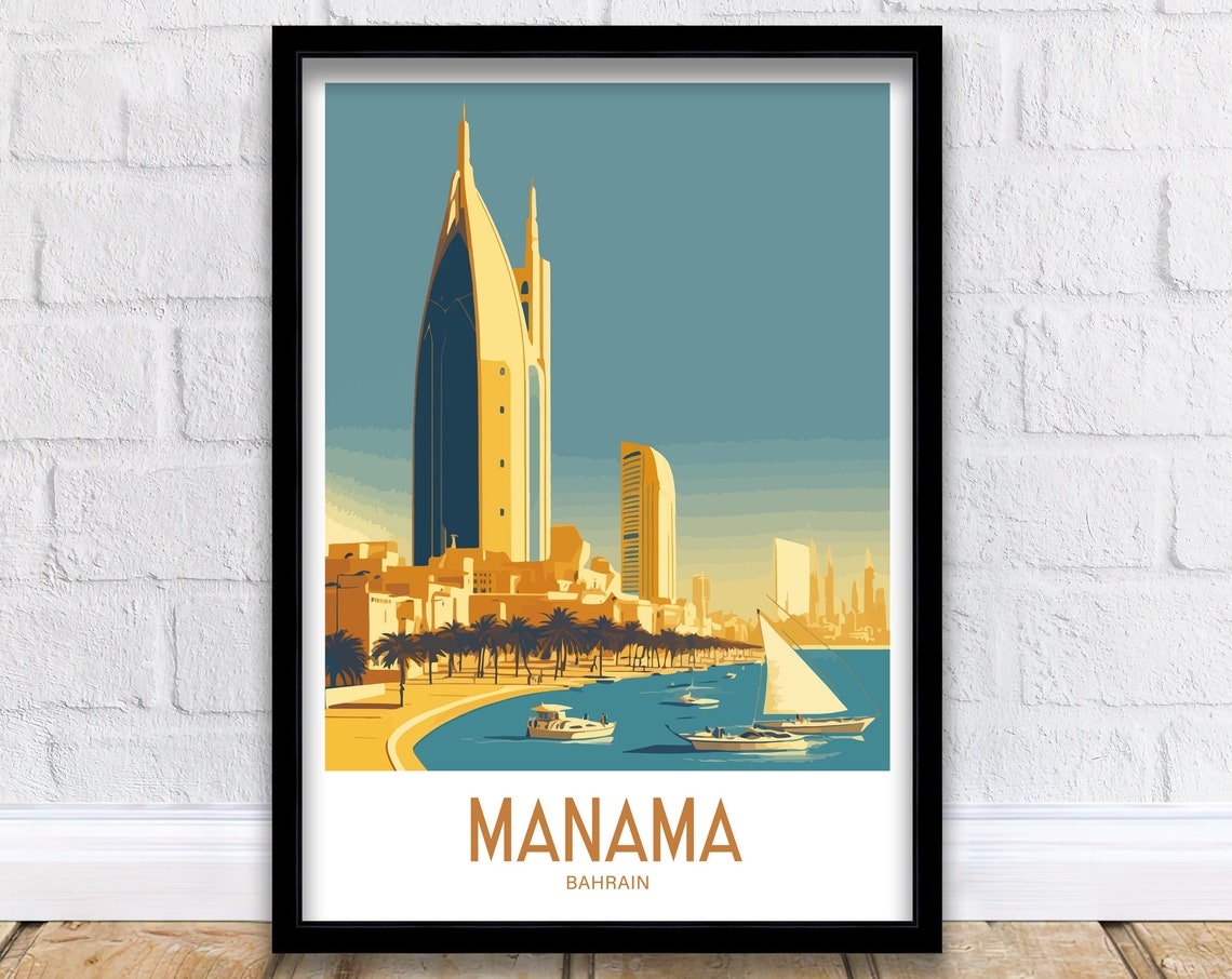 Manama Bahrain Sail Tower Skyline And Dhow Boats Harbor Sunset Poster