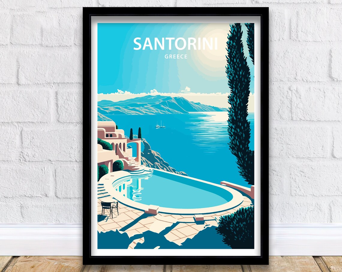 Santorini Greece Infinity Pool Aegean Sea Sunset Travel Poster