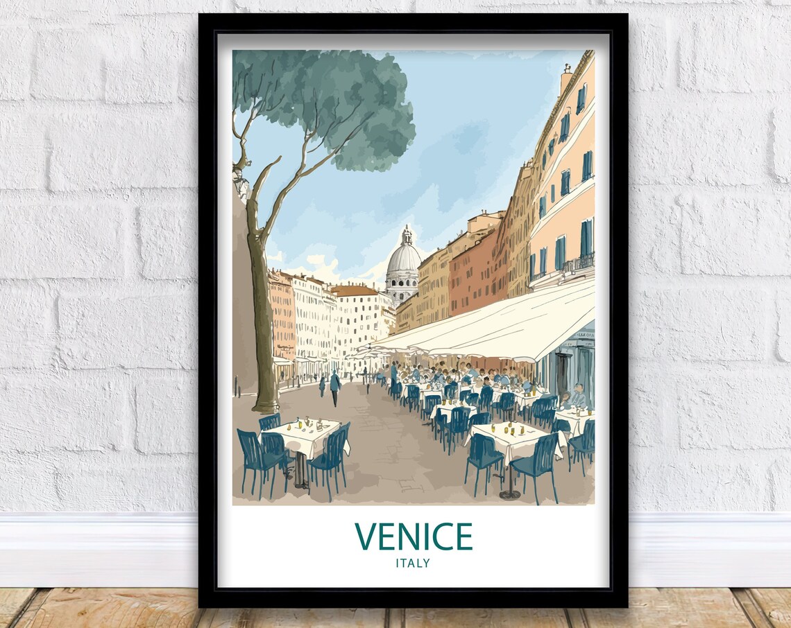 Venice Italy Outdoor Cafe Street Piazza Sketch Style Travel Poster
