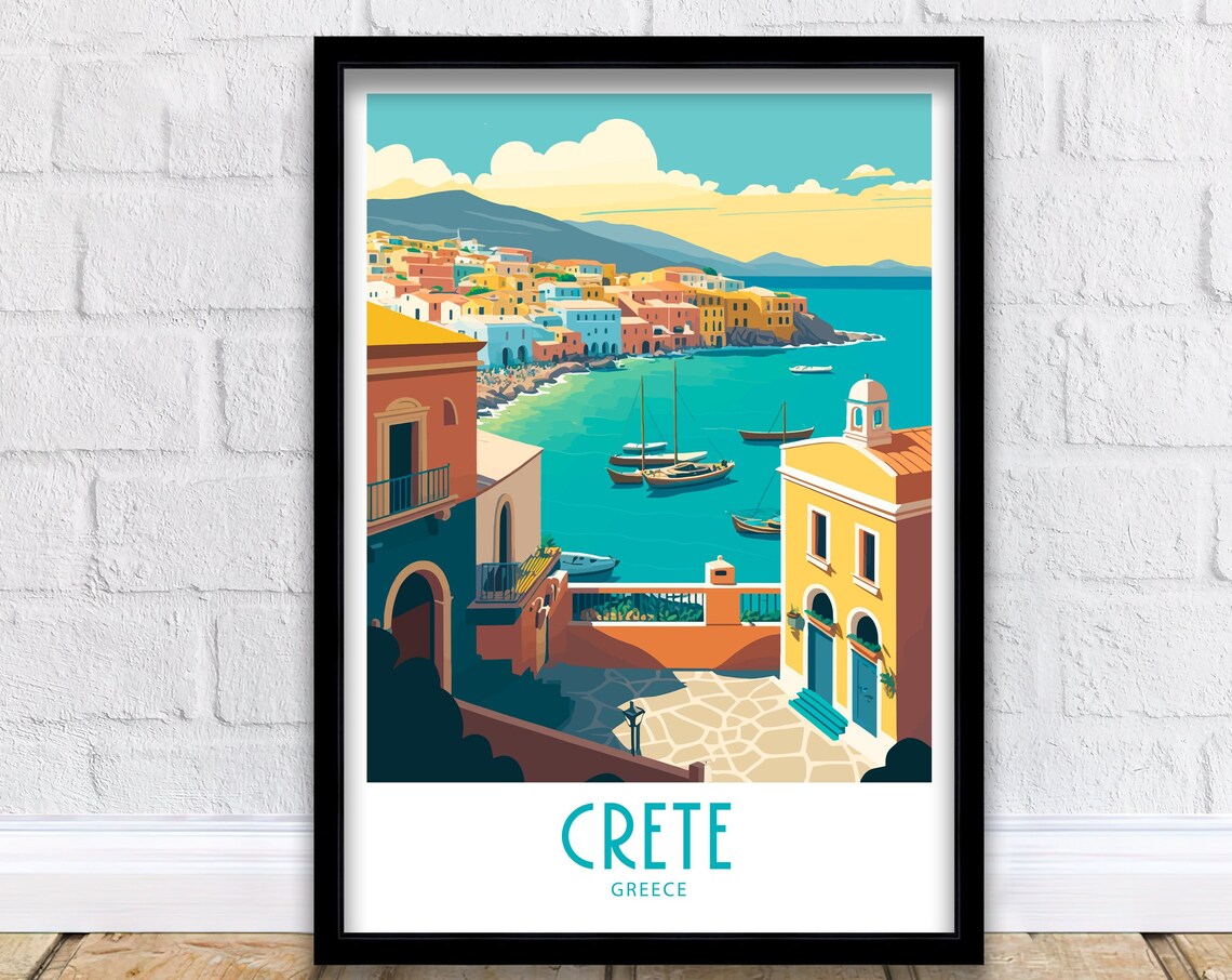 Crete Greece Colorful Harbor Fishing Boats Retro Travel Poster