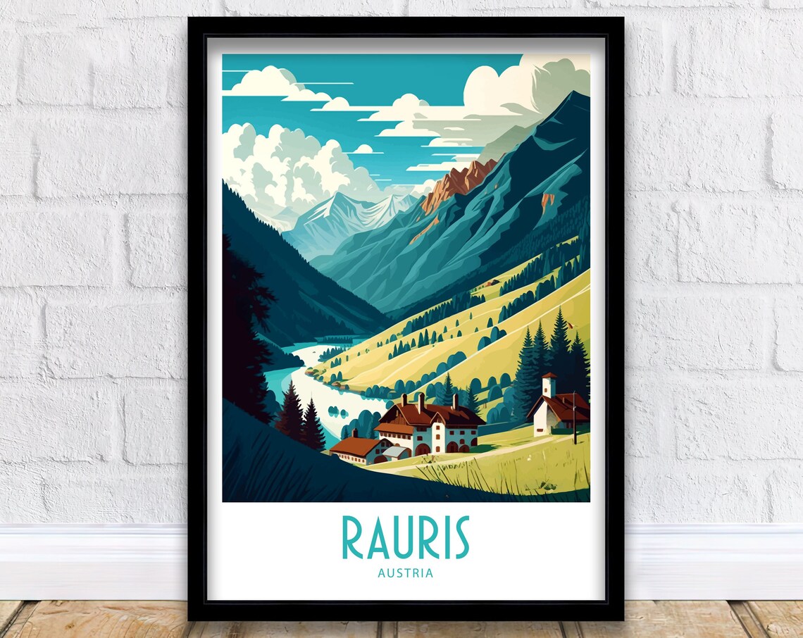 Rauris Austria Alpine Valley Village Church Peaks Vintage Poster
