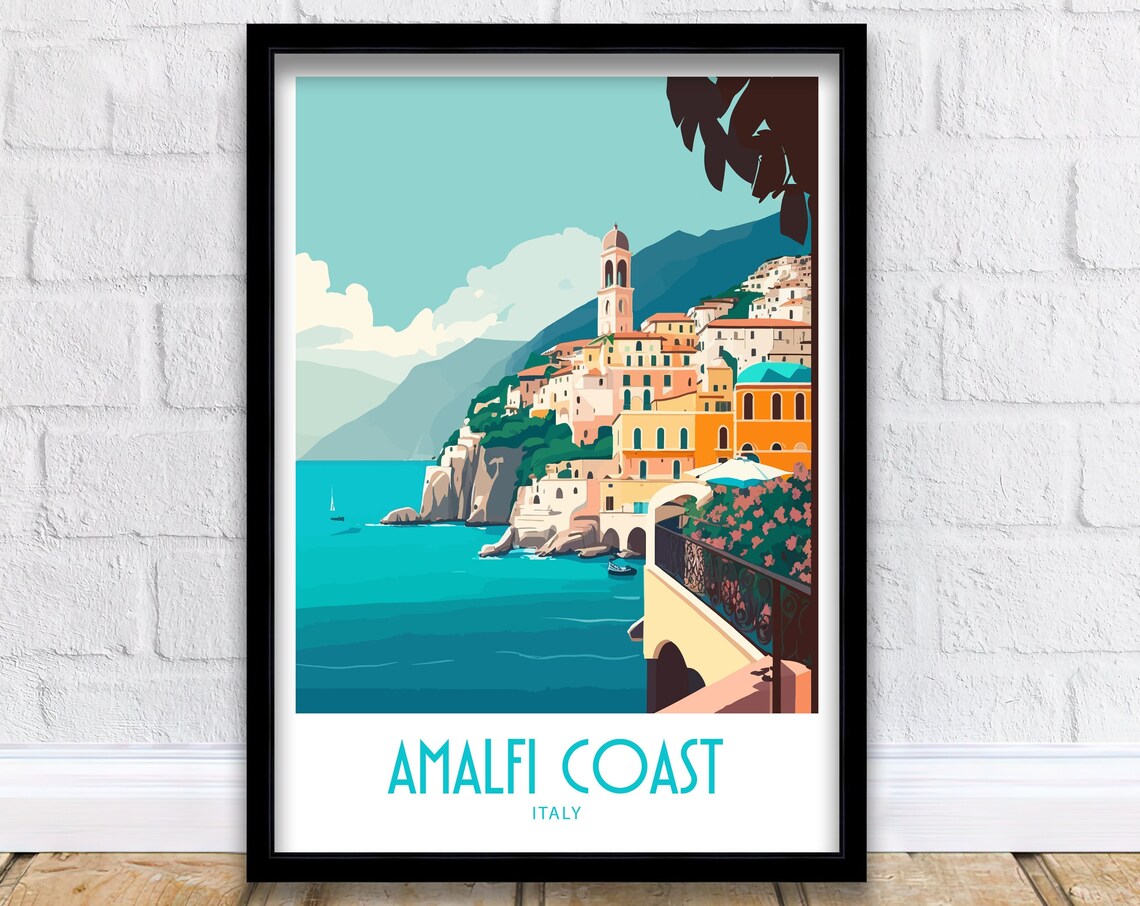 Amalfi Coast Italy Cliffside Terrace Sea View Vintage Travel Poster