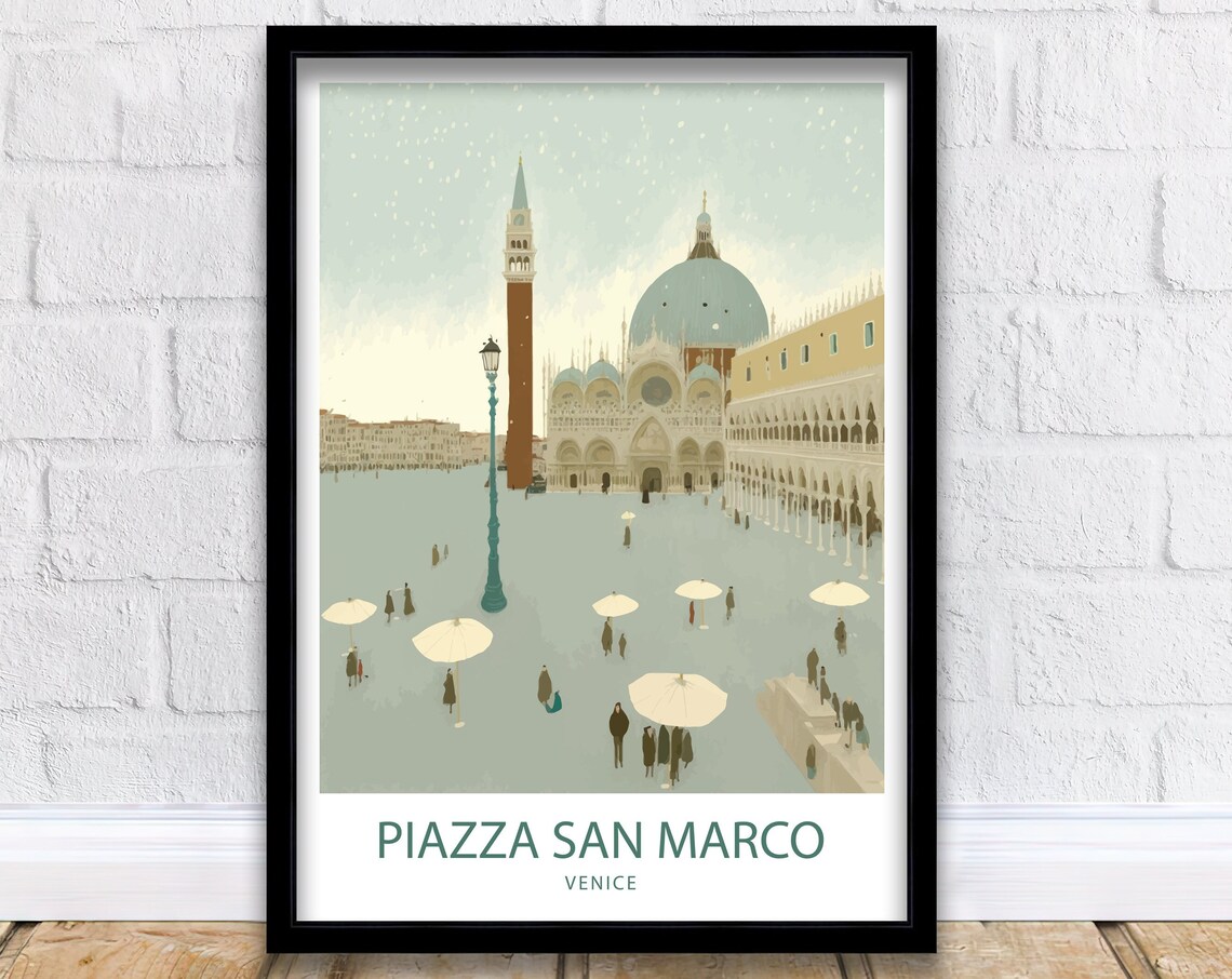 Piazza San Marco Venice Basilica Winter Snow Umbrellas Travel Poster
