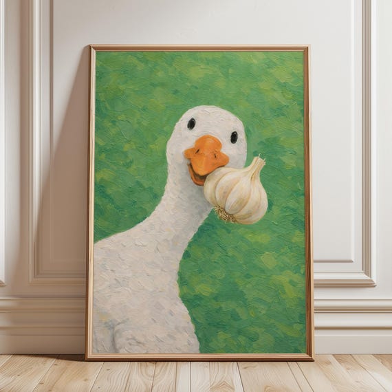 Goose With Garlic Oil Painting Print Whimsical Kitchen Wall Art Funny Animal Cottagecore Poster Quirky Foodie Gift For Cooker Illustration