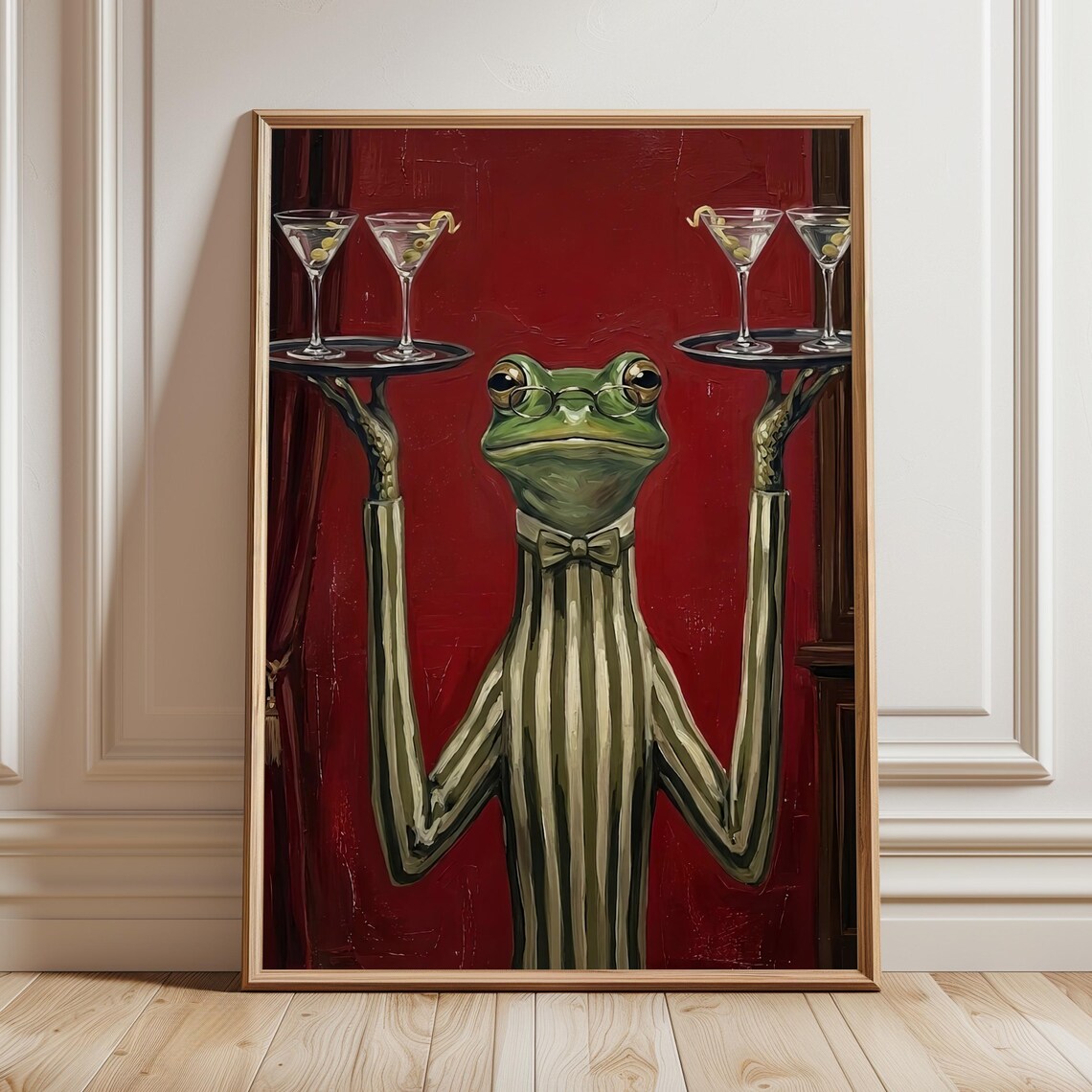 Dapper Frog Waiter in Pinstripe Suit Serving Martinis Vintage Bar Poster
