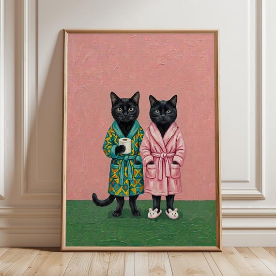 Funny Black Cat Bathroom Print Maximalist Wall Art Quirky Toilet Paper Poster Eclectic Powder Room Decor Colorful Pet Bath Artwork