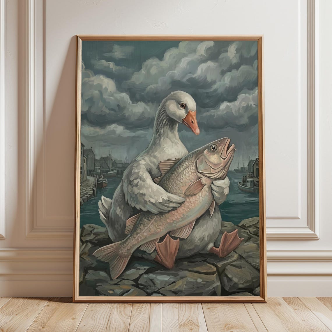 Goose Hugging Big Fish Moody Coastal Harbor Scene Dark Poster