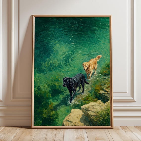 Labrador Dogs By Emerald Water Print Black And Yellow Lab Art Vintage Coastal Animal Painting Green Abstract Ocean Decor Dog Lover Gift