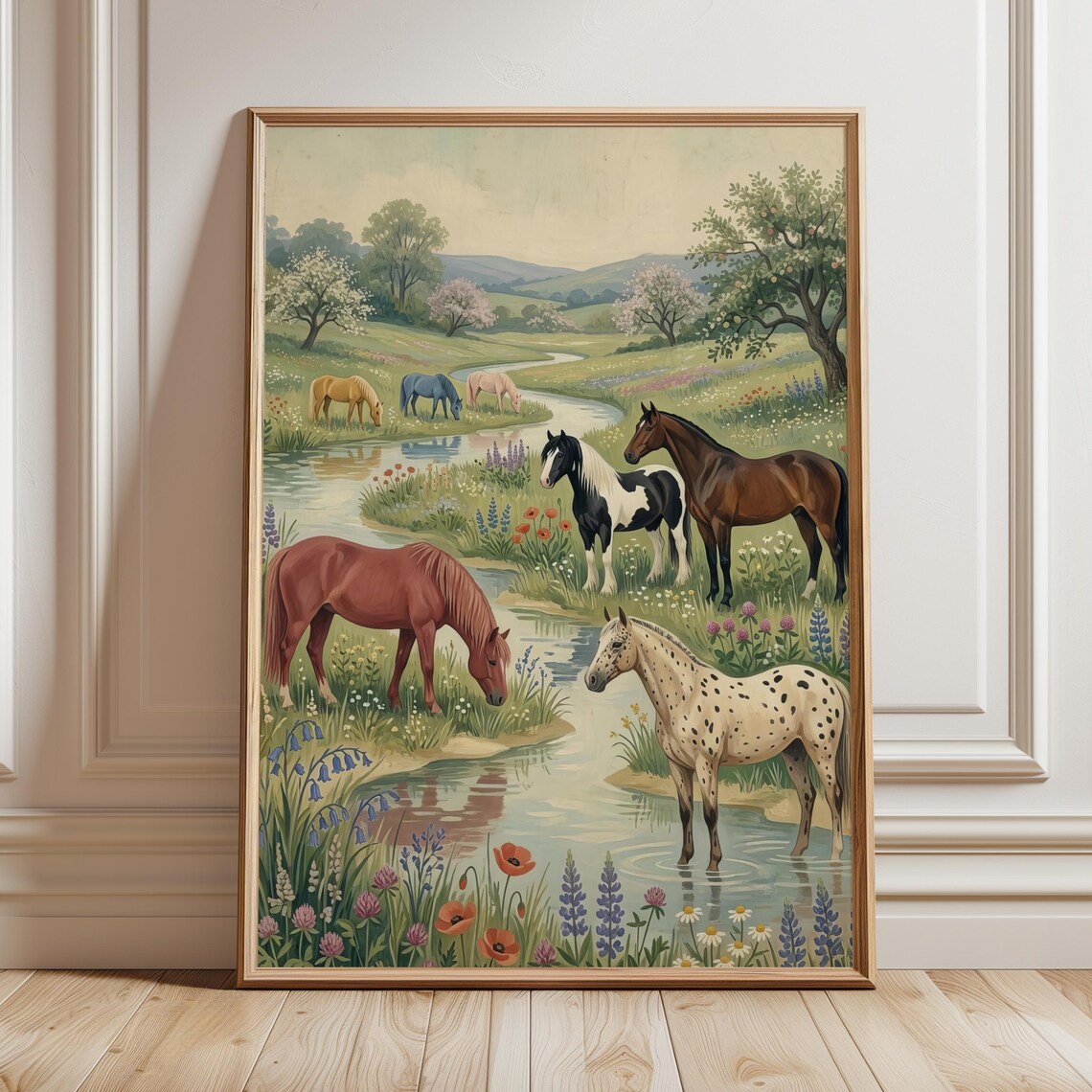 Wild Horses by a Stream Vintage Equestrian Folk Art Wall Poster
