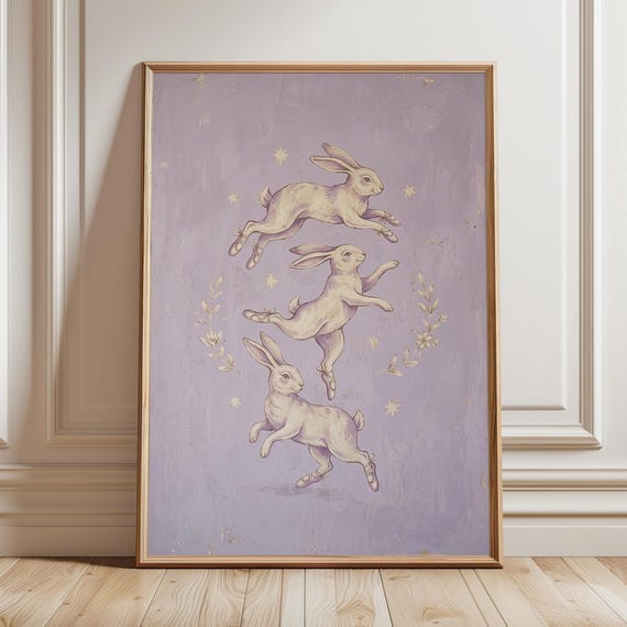 Ballet Bunny Wall Art Print Lavender Cottagecore Nursery Decor Vintage Rabbit Dancer Painting Shabby Chic Baby Girl Room Fairytale Poster