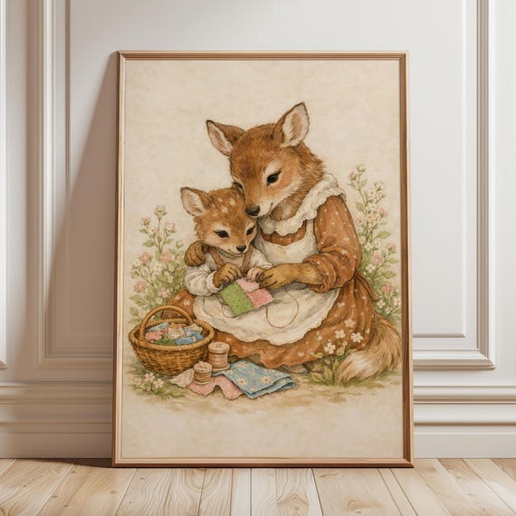 Fox Mother And Baby Quilting Art Print Woodland Animal Storybook Poster Neutral Room Decor Vintage Nursery Cozy Cottagecore Gift