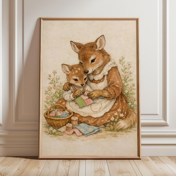 Fox Mother And Kit Quilting Patchwork Nursery Print Woodland Decor Gift