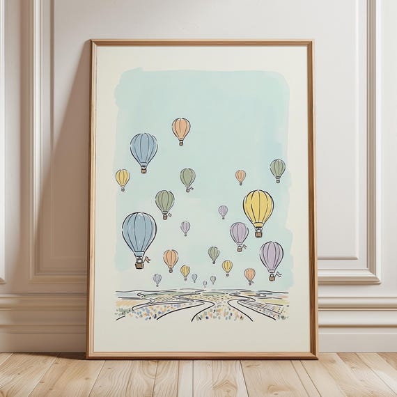 Hot Air Balloon Nursery Art Neutral Baby Room Decor Whimsical Print Vintage Poster Shower Gift Digital Download