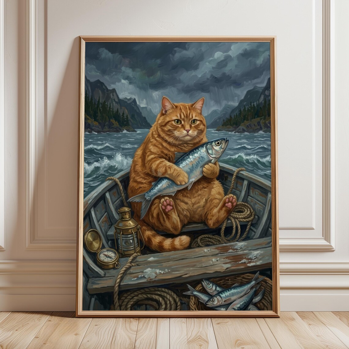 Ginger Cat Fisherman Catching Fish in Stormy Sea Nautical Poster